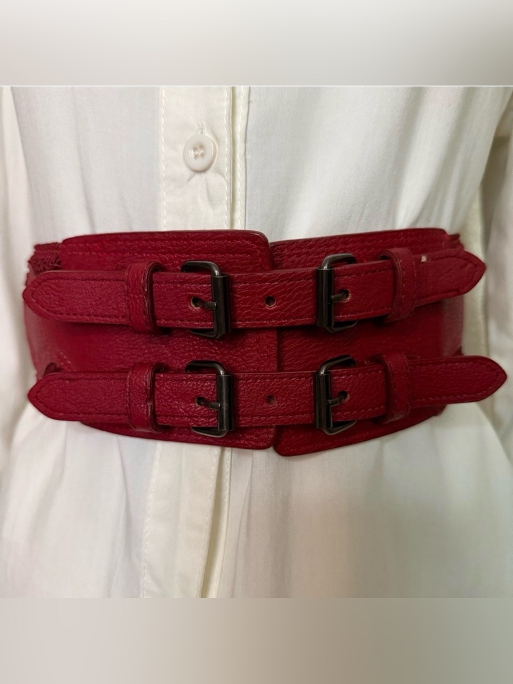 Burgundy PU leather double buckle elastic waistband belt